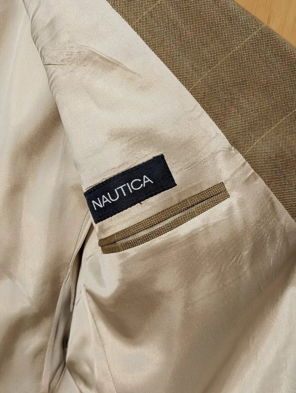 Nautica Blazer 100% Wool Tan Brown Windowpane Sport Coat 44R Classic Career